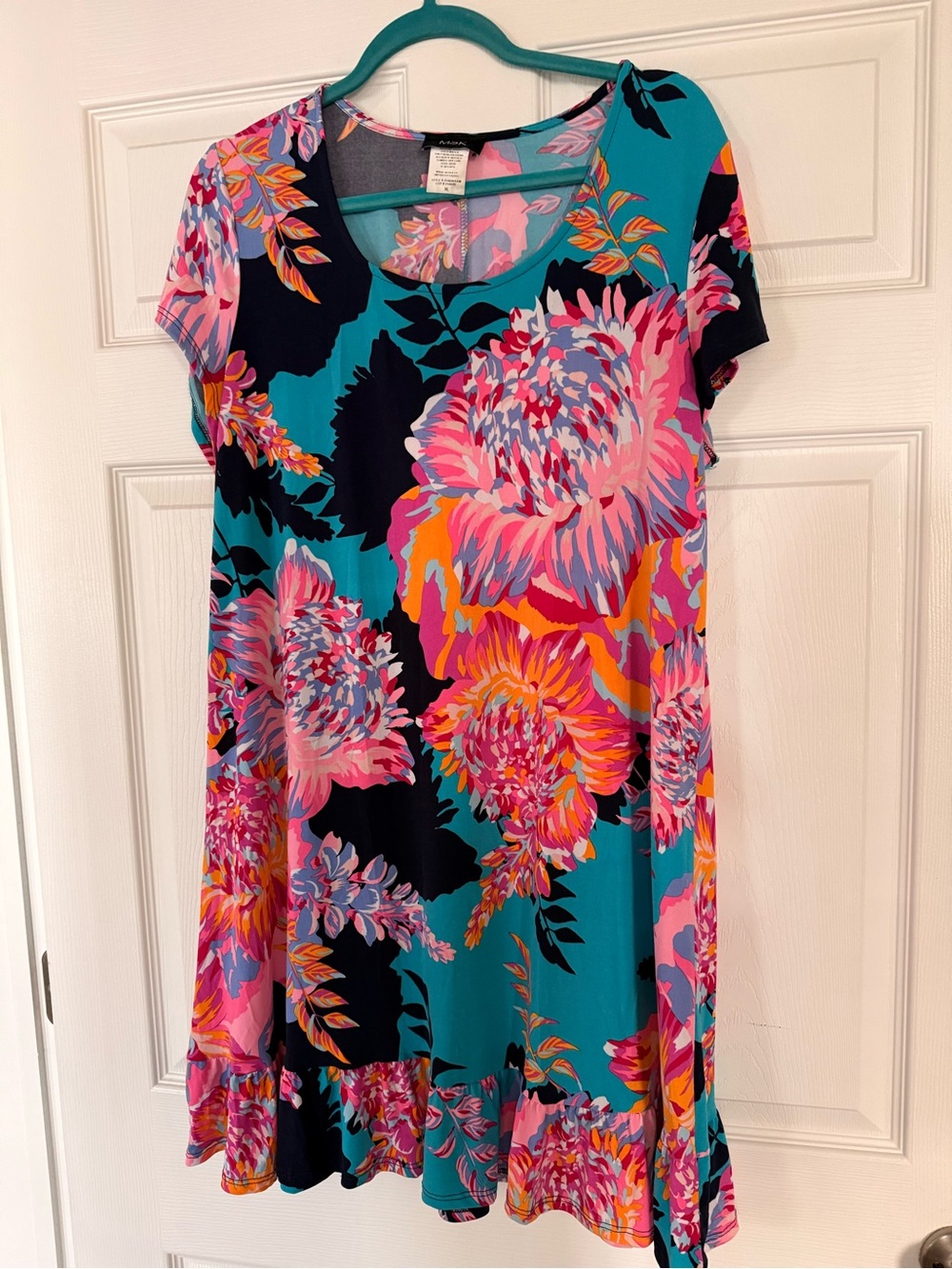 MSK Teal Dress with Pink & Navy Floral Print